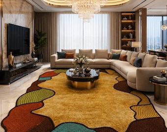 Tapis irrégulier en laine tufté à la main, tapis de forme organique moderne abstraite