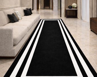 Tapis de couloir géométrique noir et blanc/beige, moquette d'entrée moderne