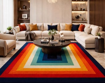 Rainbow Geometric Area Rug, Modern Colorful Living Room Carpet