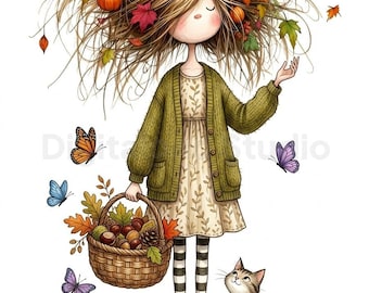 Autumn Girl Illustration | Fall Leaves, Acorns, Butterflies (Digital Download)