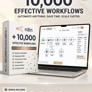 May include: A digital product box labeled n8n 10,000 Effective Workflows next to a laptop displaying a complex automation workflow diagram. The box lists features like business automation, marketing, and CRM. Icons indicate instant download, easy import, and lifetime updates.