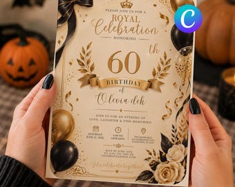 Elegant 60th Birthday Invite, Royal Celebration Evite, Black Gold Canva Template (Digital downlaod)