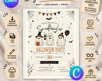 Ghost Halloween Party Invitation, Spooktacular Kids Evite, Editable Canva Template (Digital Download)