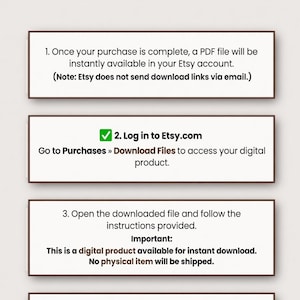 May include: An instructional graphic titled How to Access Your Purchase with four numbered steps. It explains that a PDF file is available in an Etsy account, instructs to log in to Etsy.com, open the downloaded file, and read the product description.