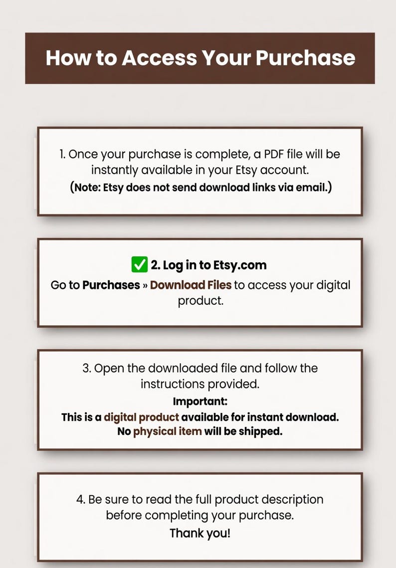 May include: An instructional graphic titled How to Access Your Purchase with four numbered steps. It explains that a PDF file is available in an Etsy account, instructs to log in to Etsy.com, open the downloaded file, and read the product description.