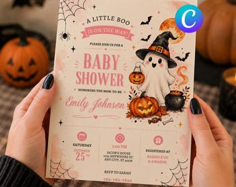 Little Boo Baby Shower Invitation, Pink Halloween Ghost Evite, Pastel Fall Template (Digital Download)