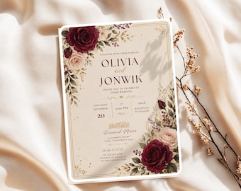 Burgundy Rose Wedding Invite, Gold Floral Canva Template, Fall Bridal Evite (Digital downlaod)