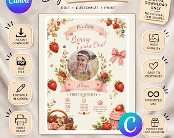 Strawberry First Birthday Invitation, Watercolor Berry Girl Party Evite (Digital Download)