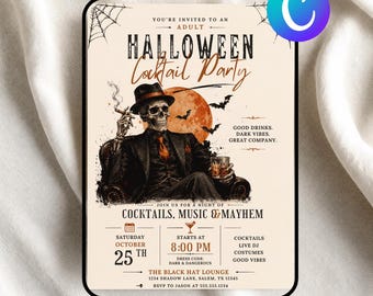 Adult Halloween Cocktail Party Invite, Dark Skeleton Canva Template, Spooky Event Editable (Digital downlaod)