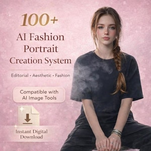 May include: A digital product advertisement featuring a young person with long brown hair in a braid. The text reads "100+ AI Fashion Portrait Creation System" with additional text: "Editorial, Aesthetic, Fashion", "Compatible with AI Image Tools", and "Instant Digital Download".