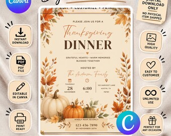 Editable Thanksgiving Invite, Watercolor Pumpkin Dinner Card, Friendsgiving Party Evite, Canva Template (Digital downlaod)
