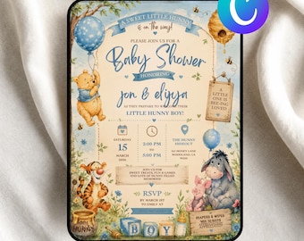 Classic Pooh Baby Shower Invitation, Little Hunny Boy Canva Template (Digital Download)