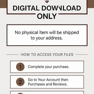 May include: A digital download instruction graphic with a brown and white color scheme. It features a download icon, the text DIGITAL DOWNLOAD ONLY, a notice that no physical item is shipped, and three numbered steps to access files via Etsy account.