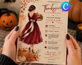 Elegant Thanksgiving Invite, Autumn Gathering Evite, Custom Fall Dinner Party Canva Template (Digital downlaod)