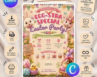 Editable Easter Party Invitation, Bunny Egg Hunt Evite, Kids Spring Canva Template (Digital Download)
