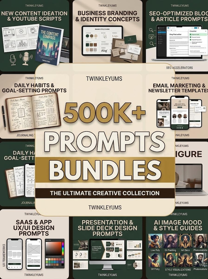 May include: A digital product bundle titled 500+ PROMPTS BUNDLES THE ULTIMATE CREATIVE COLLECTION by TWINKLEYUMS. The image displays various categories including content ideation, business branding, blog prompts, journaling, email marketing, UX/UI design, and AI image guides.