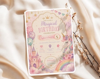 Magical Unicorn Birthday Invitation, Princess Castle Evite, Rainbow Fairytale Canva Template (Digital Download)