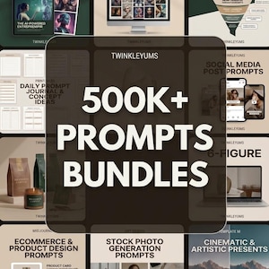 May include: A digital product bundle advertisement featuring the text 500K+ PROMPTS BUNDLES. The layout displays various categories including Midjourney Art, Creative Design, Copywriting, Social Media, Ecommerce, and Stock Photo generation prompts.