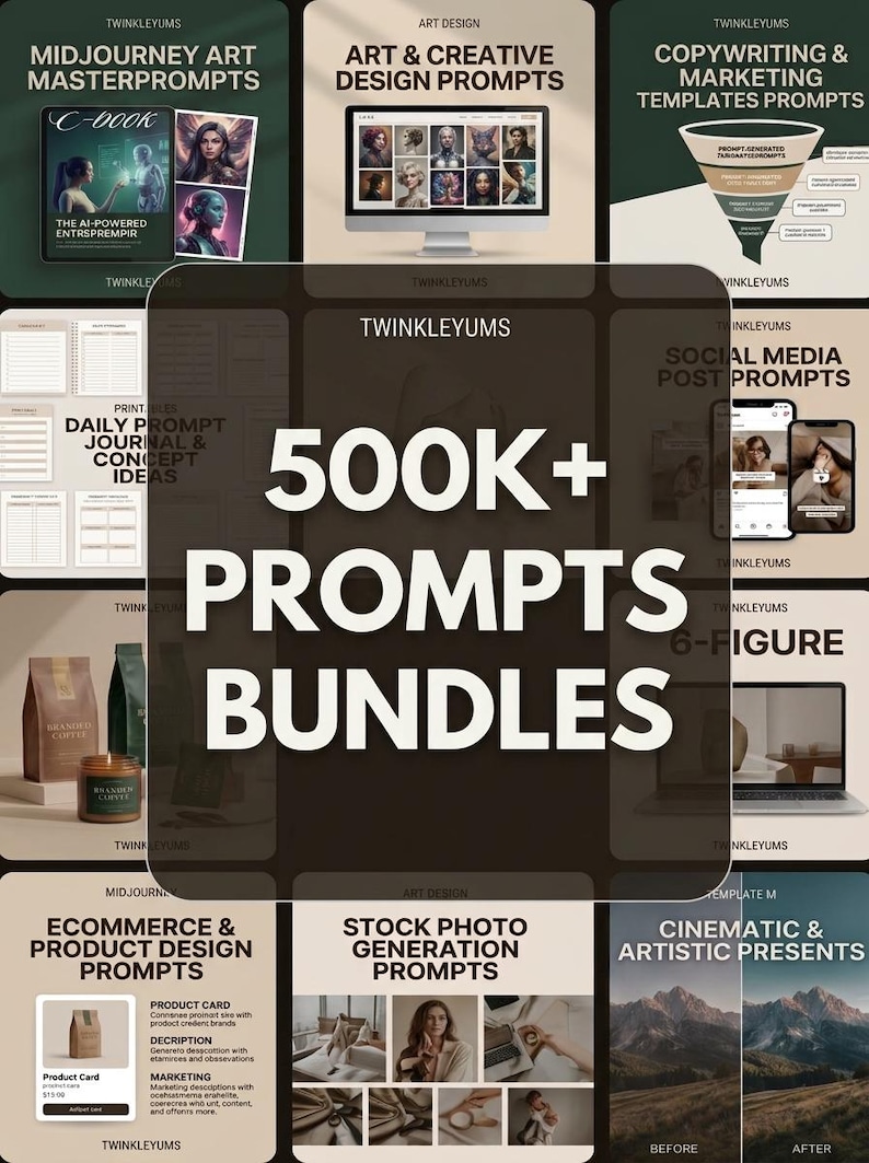 May include: A digital product bundle advertisement featuring the text 500K+ PROMPTS BUNDLES. The layout displays various categories including Midjourney Art, Creative Design, Copywriting, Social Media, Ecommerce, and Stock Photo generation prompts.