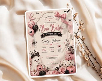 Pink Boo Baby Shower Invitation, Coquette Ghost Pumpkin Canva Template (Digital Download)