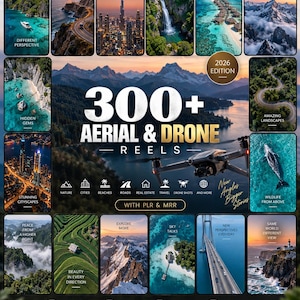 May include: A digital product advertisement for 300+ Aerial & Drone Reels 2026 Edition, featuring a central drone image surrounded by various landscape, city, and nature scenes, with text overlays including 'New Angles Bigger Stories' and 'With PLR & MRR'.