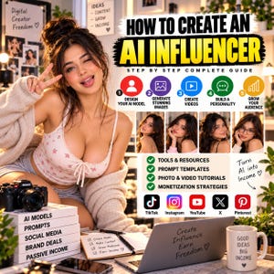 May include: A digital guide titled How to Create an AI Influencer featuring a step-by-step process, five numbered icons for model design and growth, a list of resources, social media platform logos, and a laptop with the text Create Influence Earn Freedom.