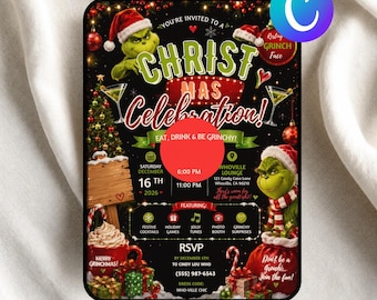 Grinch Christmas Party Invite, Funny Grinchmas Evite, Adult Holiday Canva Template (Digital downlaod)