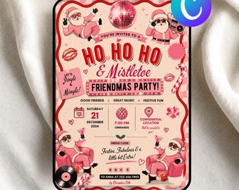 Pink Retro Friendmas Party Invite, Coquette Christmas Girls Night, Editable Canva Template (Digital downlaod)
