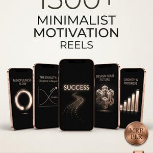 May include: A digital product display featuring 1500+ Minimalist Motivation Reels with five smartphones showing various motivational graphics, including text like Success, Mindfulness Flow, and Growth & Progress, plus a 500+ Motivational Reels Bonus badge.