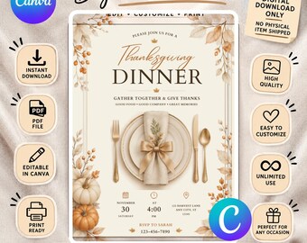 Editable Thanksgiving Invite, Elegant Fall Dinner Evite, Friendsgiving Party Canva Template (Digital downlaod)