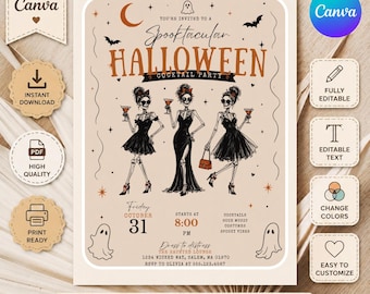 Editable Halloween Cocktail Party Invite, Skeleton Ladies, Spooky Girls Night (Digital Download)