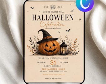 Halloween Party Invite Canva Template, Spooky Pumpkin Evite, October Celebration Card (Digital downlaod)