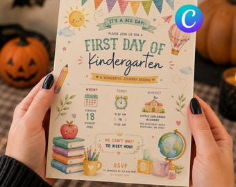 Watercolor First Day of Kindergarten Invite, Editable Canva Template (Digital Download)