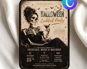 Adult Halloween Invite, Gothic Skeleton Party, Canva Template, Cocktail Event, Editable Card (Digital downlaod)