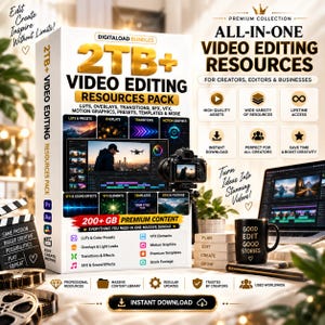 Könnte beinhalten: Eine weiße Box mit der Aufschrift 2TB+ Video Editing Resources Pack, die Text, Symbole und Vorschaubilder von Videoeffekten zeigt. Die Box listet Assets wie LUTs, Overlays, Übergänge und Grafiken auf, neben einer schwarzen Tasse mit Good Edit Good Stories.