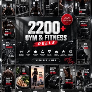 Puede incluir: Un gráfico de marketing digital para 2200+ Gym & Fitness Reels 2026 Edition con PLR & MRR. El diseño presenta un título central, texto motivacional e iconos para rutinas de ejercicio, nutrición y mentalidad, rodeado de imágenes de fitness.
