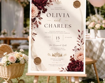 Editable Burgundy Floral Wedding Invite, Gold Wax Seal Canva Template (Digital Download)