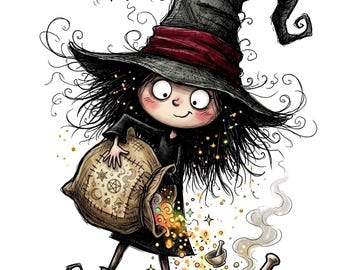 Whimsical Halloween Witch Clipart, Spooky Kids T-Shirt Design (Digital Download)