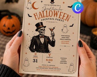 Halloween Cocktail Party Invite, Vintage Skeleton Evite, Adult Spooky Canva Template (Digital downlaod)