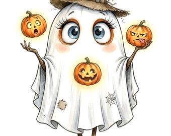 Scarecrow Ghost Clipart, Kawaii Halloween Pumpkin Graphic (Digital Download)