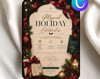 Elegant Holiday Party Invite, Christmas Evite Canva Template, Winter Celebration Card (Digital download)