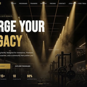 Può includere: Una pagina web per Apex Fitness che mostra l'interno di una palestra buia con faretti. Il testo include Forge Your Legacy, Elite Training, Elite Results e statistiche come 2.400+ membri, 15+ allenatori, 10 anni di elite e 98% di successo.