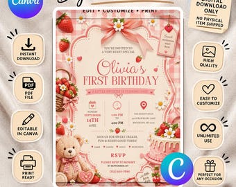 Berry Sweet 1st Birthday Invite, Strawberry Party Canva Template, Editable Girl Card (Digital downlaod)