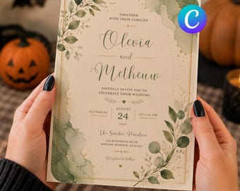 Botanical Wedding Invite, Greenery Canva Template, Elegant Bridal Event, Gold Watercolor Evite (Digital downlaod)