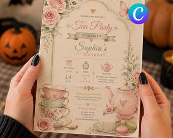 Floral Tea Party Birthday Invitation, Vintage Garden Girl Evite (Digital Download)