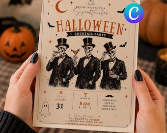 Vintage Skeleton Halloween Cocktail Party Invitation (Digital Download)