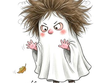Grumpy Messy Hair Ghost Clipart, Whimsical Halloween Art, Kids T-Shirt Design (Digital Download)
