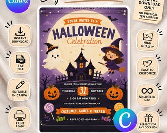 Kids Halloween Party Invitation, Editable Canva Template, Spooky Celebration Evite (Digital Download)
