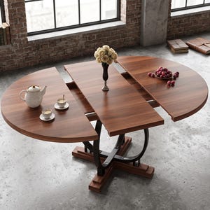 Extendable Round Dining Table, 43-59 Inch Kitchen Table with X-Base Metal Legs, Space Saving MDF Dining Table for 4-6
