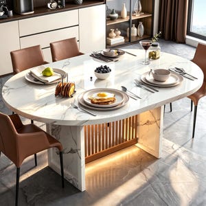 May include: An oval dining table with a white marble-patterned top and a base featuring vertical wooden slats and integrated lighting. The table is surrounded by four brown leather-upholstered chairs with black metal legs, set for a meal.